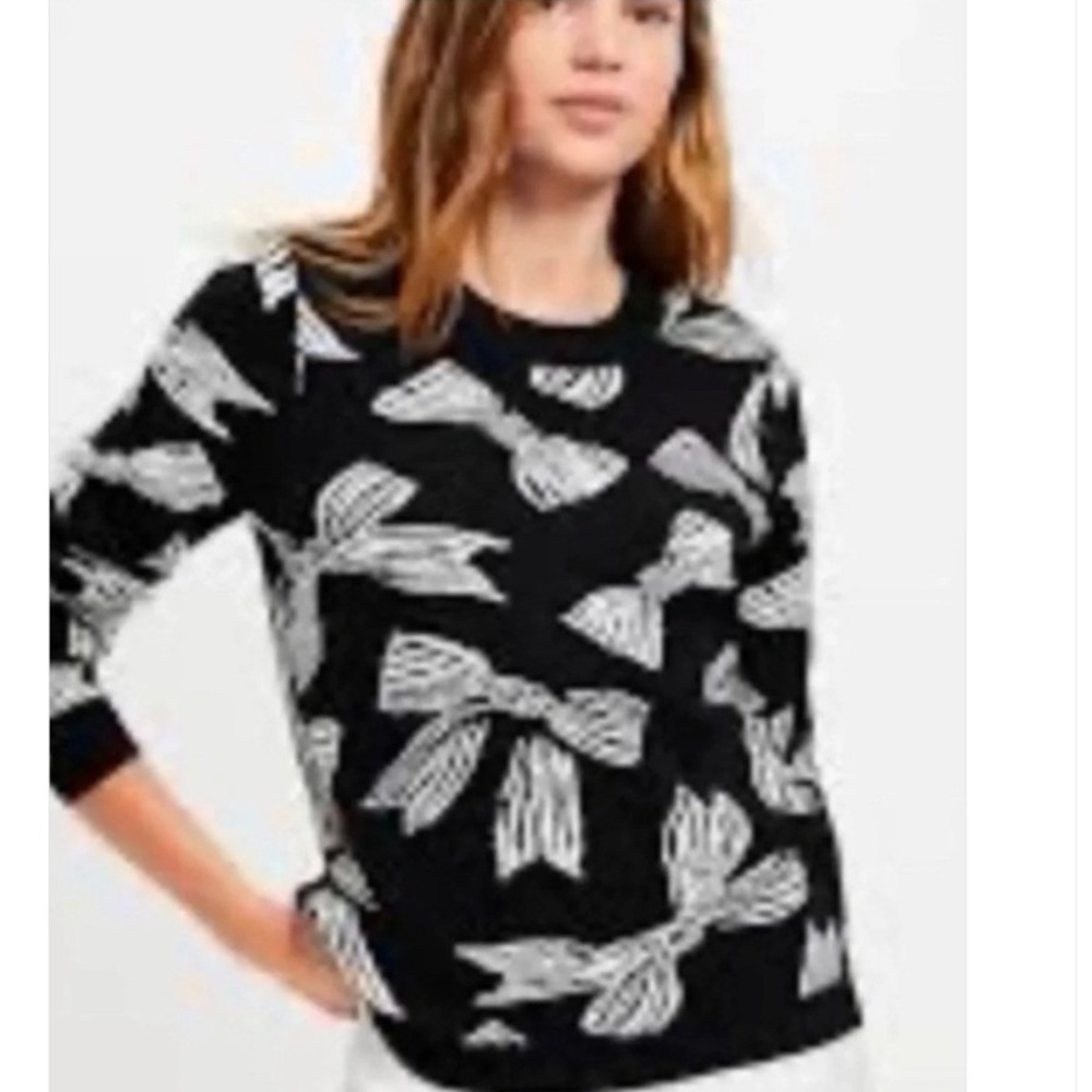 Loft Women's Crewneck Sweater Jacquard Black White Bow Print Long Sleeve Rayon